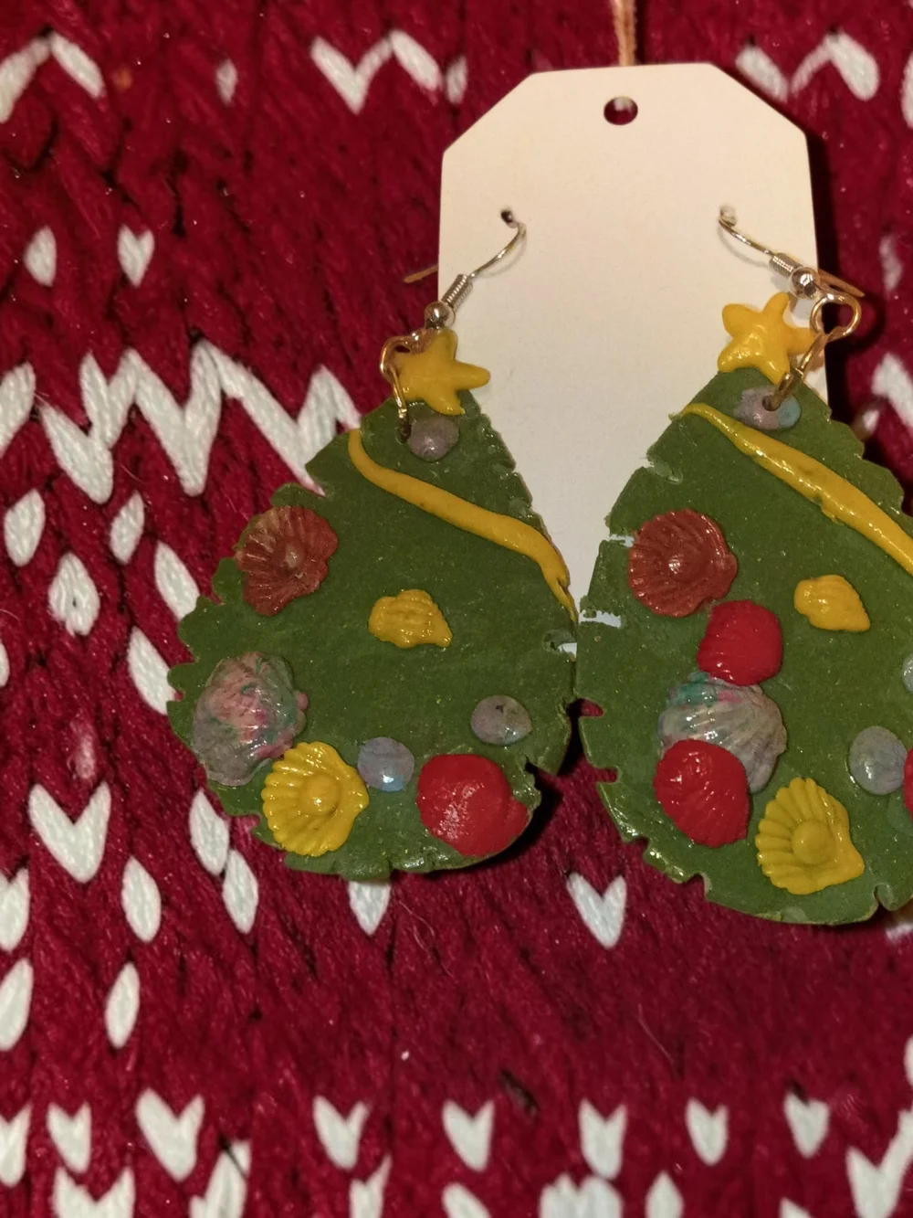 Handcrafted Green Christmas Tree Drop Earrings with Yellow Star